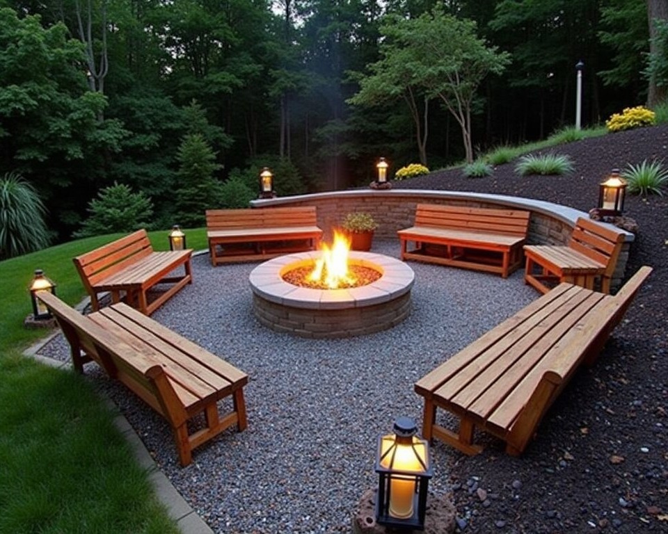 Minimalist fire pit patio on a sloping yard with gravel and wooden seating.