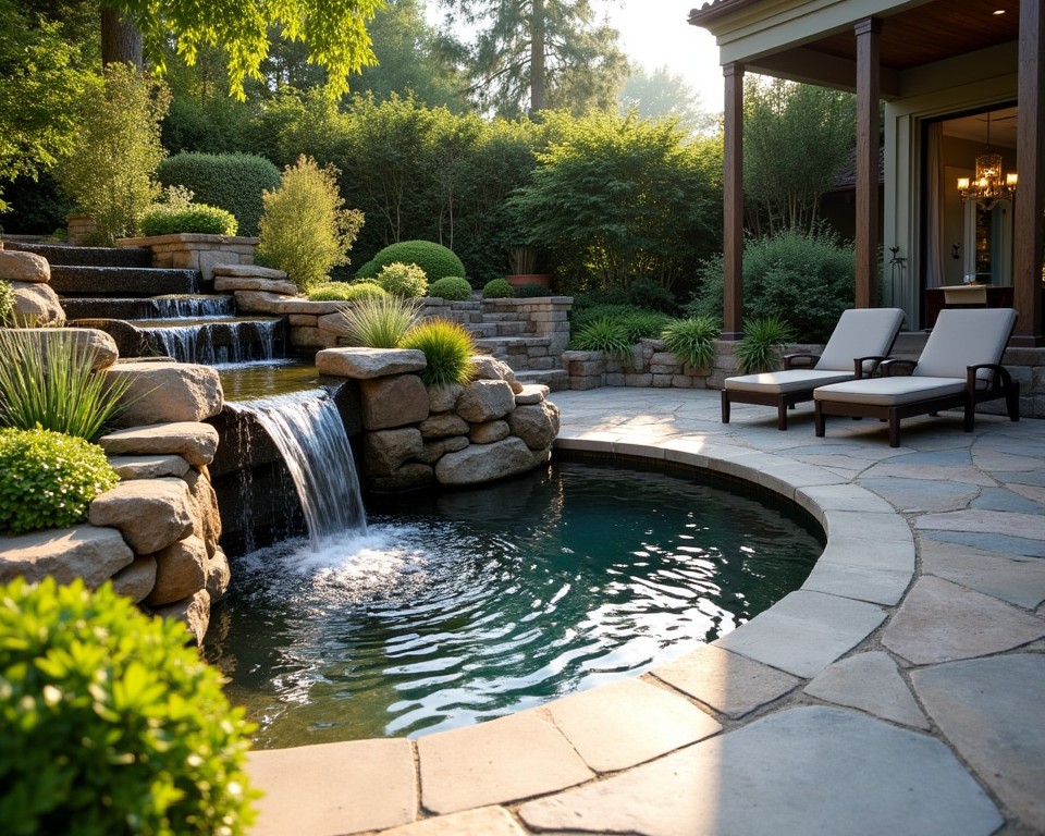 Sloping patio with a pond and waterfall, creating a serene outdoor space.
