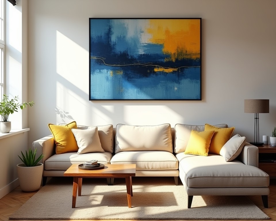 A living room featuring a large abstract painting above a sofa, adding color and artistic flair to the space.
