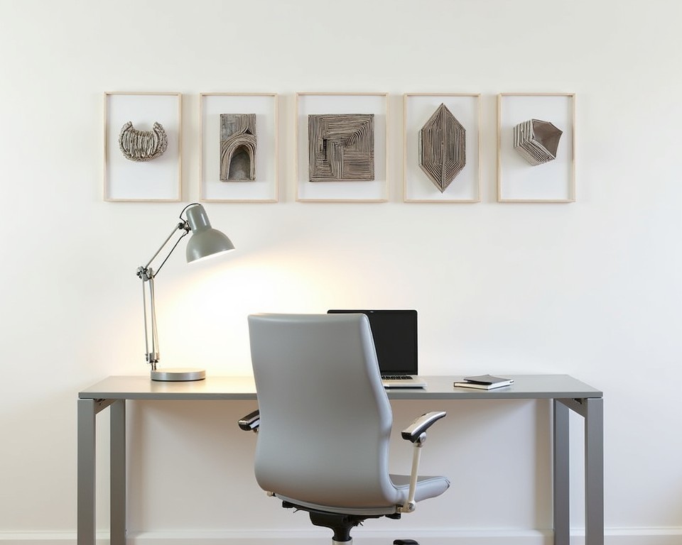 An office with recycled paper art on the wall, showcasing creativity and eco-friendly materials.
