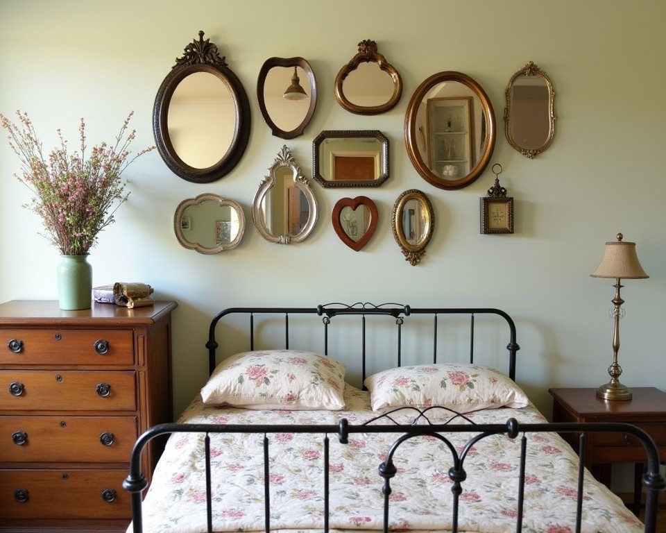 A bedroom decorated with thrifted vintage mirrors, creating a unique and sustainable wall display.