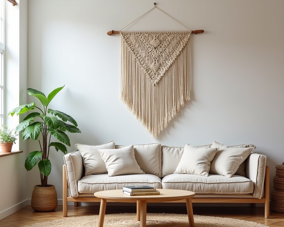 A living room with a handmade macramé wall hanging, adding texture and a personal touch to the space.