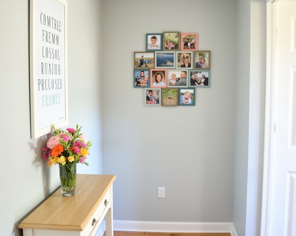 A hallway featuring a photo collage in recycled frames, showcasing personal memories and creativity.