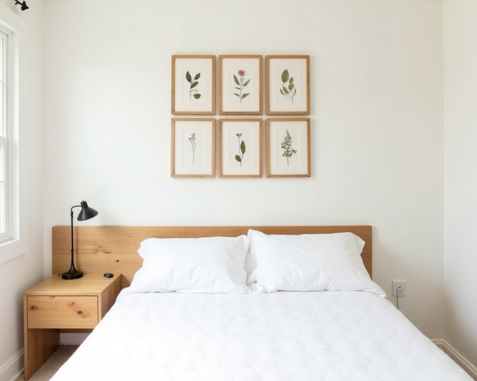 A bedroom with framed botanical prints above the bed, bringing nature indoors with a DIY touch.