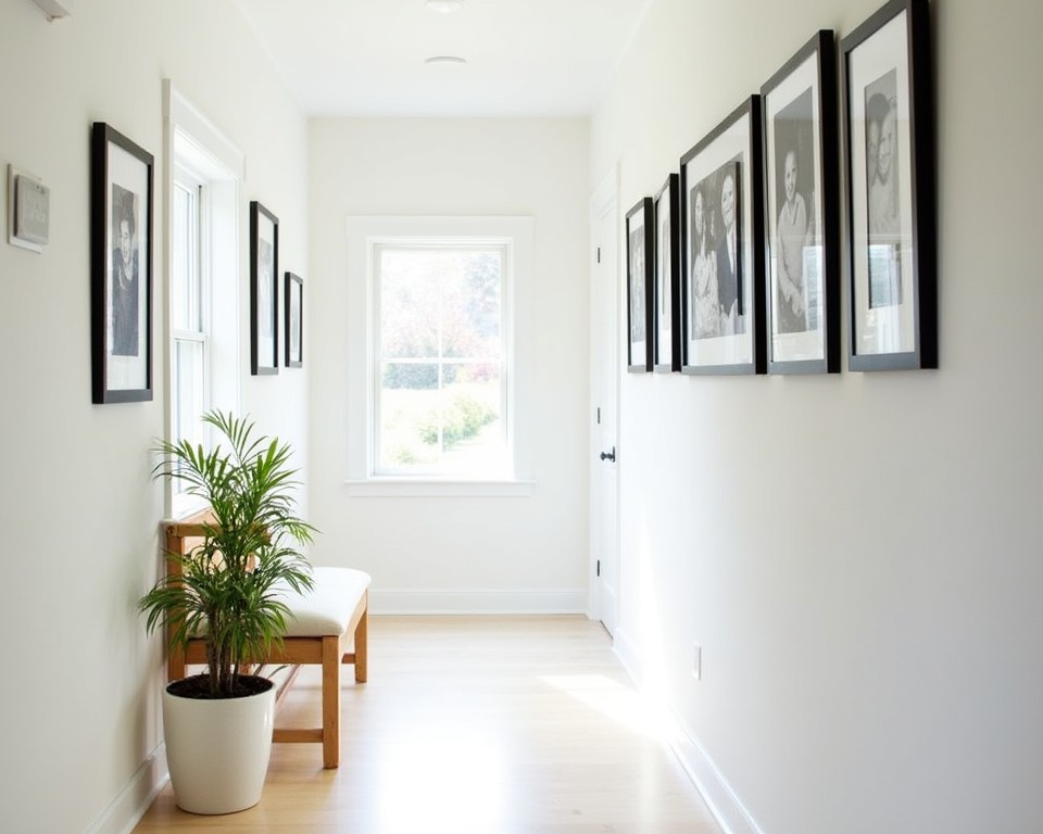 A hallway decorated with a series of black and white family photos in matching frames, creating a personal and nostalgic atmosphere.