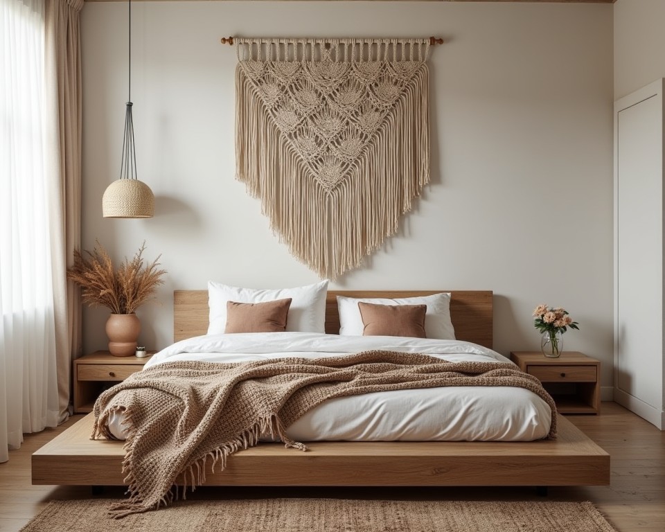 A bedroom with a large macramé wall hanging above the bed, enhancing the bohemian aesthetic with texture and warmth.