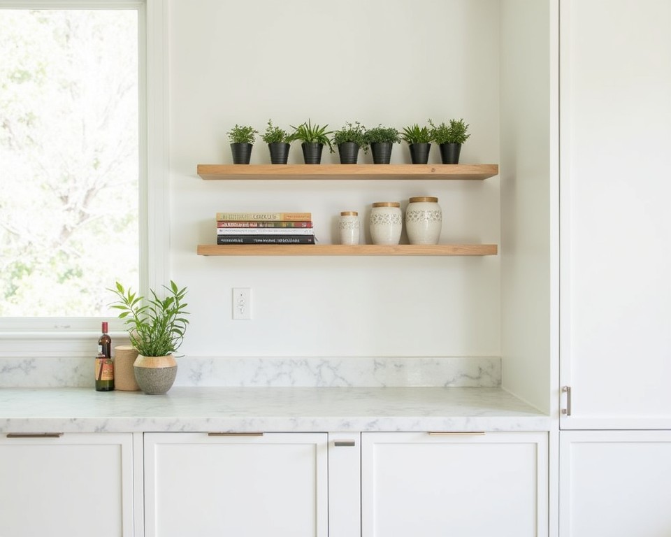 A kitchen featuring a floating shelf with potted herbs and cookbooks, combining functionality and decor.