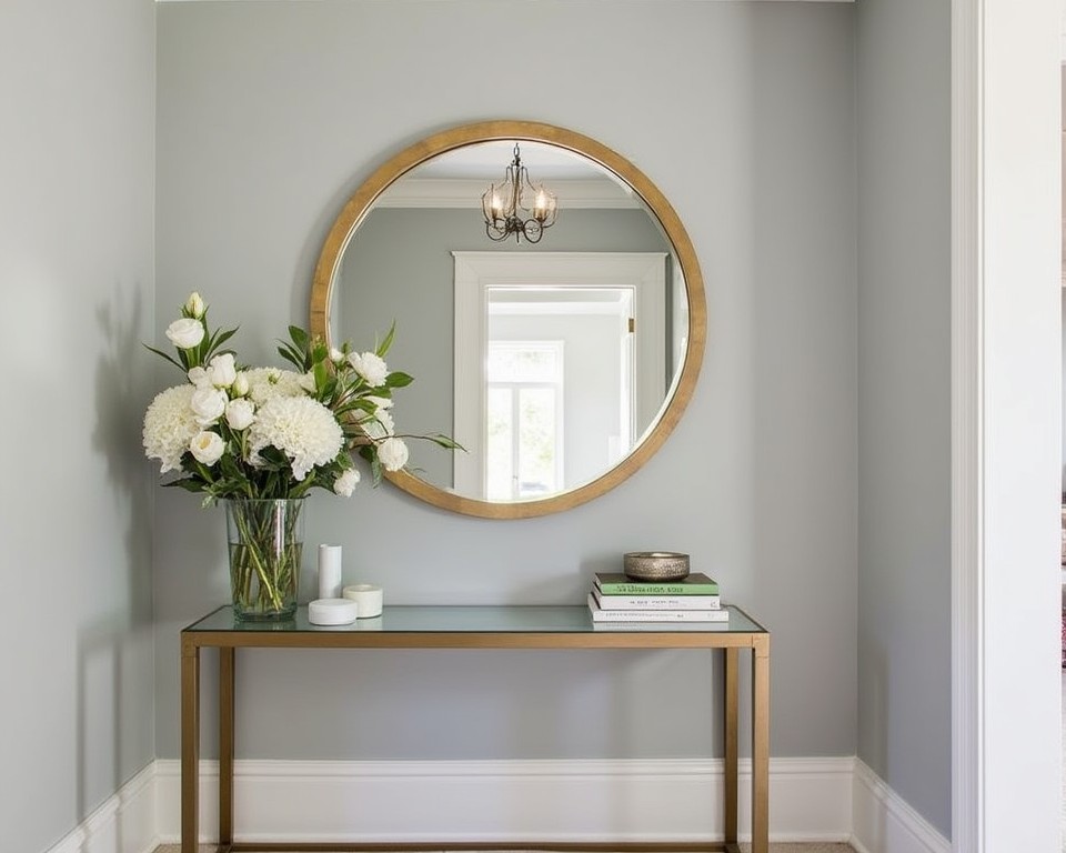 An entryway with a decorative round mirror above a console table, adding elegance and reflecting light.