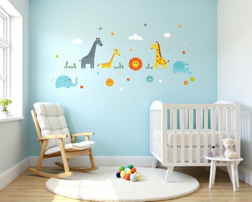 nursery decorated with colorful animal wall decals, creating a playful and imaginative space.