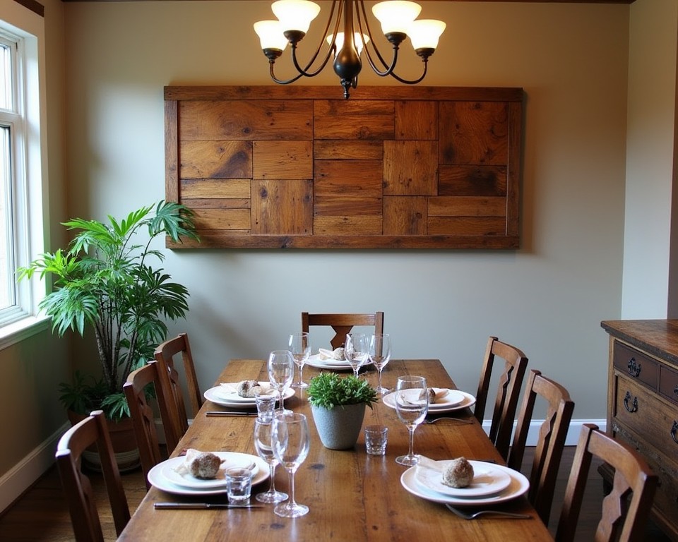 A dining room with reclaimed wood art above the table, showcasing sustainable craftsmanship and rustic charm.