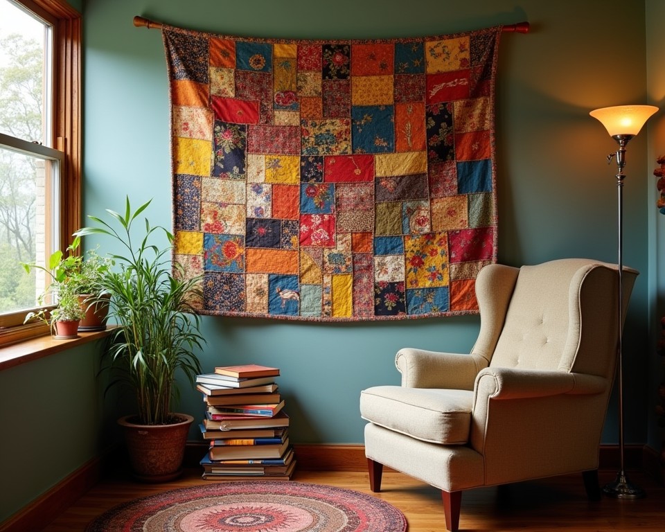 A reading nook with an upcycled fabric tapestry, adding color and texture while promoting sustainability.