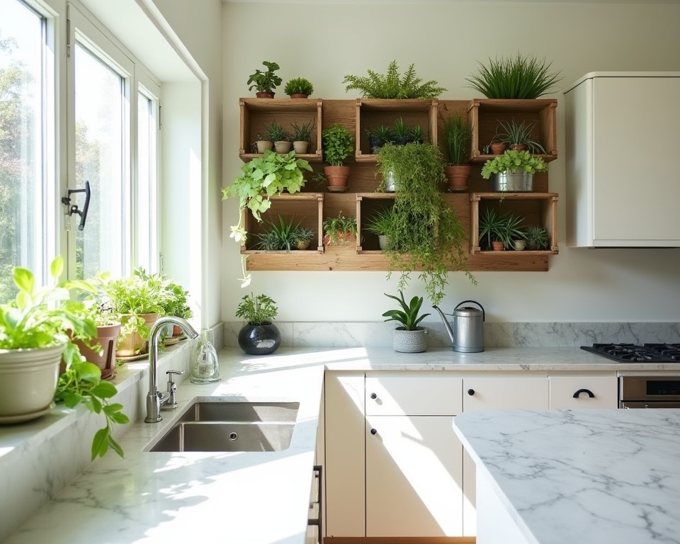 A kitchen with a living wall of succulents in repurposed crates, bringing nature indoors sustainably