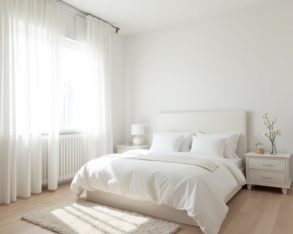 Peaceful white bedroom with natural light, illustrating the calming effect and spaciousness of white interiors.