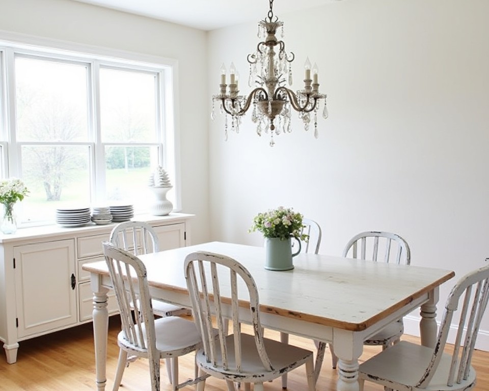 White dining room with upcycled furniture and recycled glass chandelier, showcasing sustainable style.