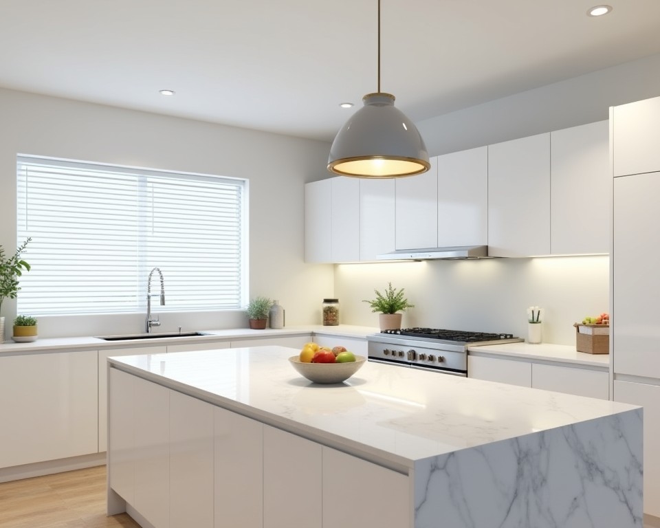 White kitchen with energy-efficient LED lighting and smart fixtures, blending style and sustainability.