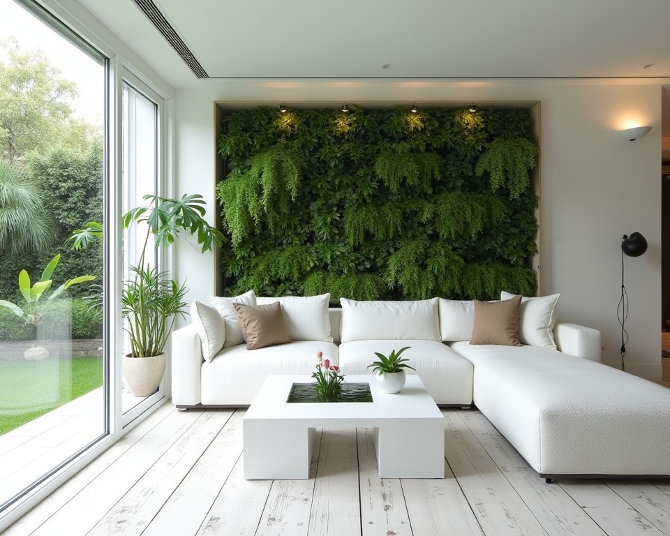 White living room with biophilic design, featuring a vertical garden and natural elements.