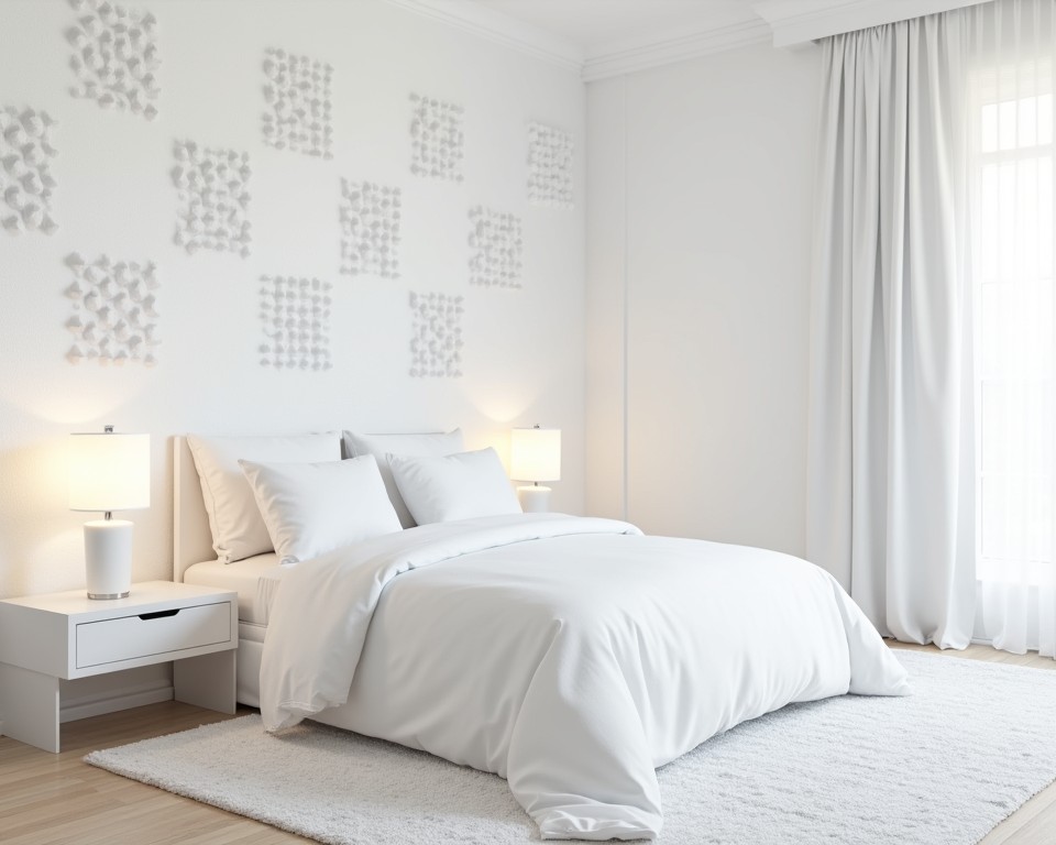 White bedroom with textured wall panels, showcasing a trendy, tactile design.
