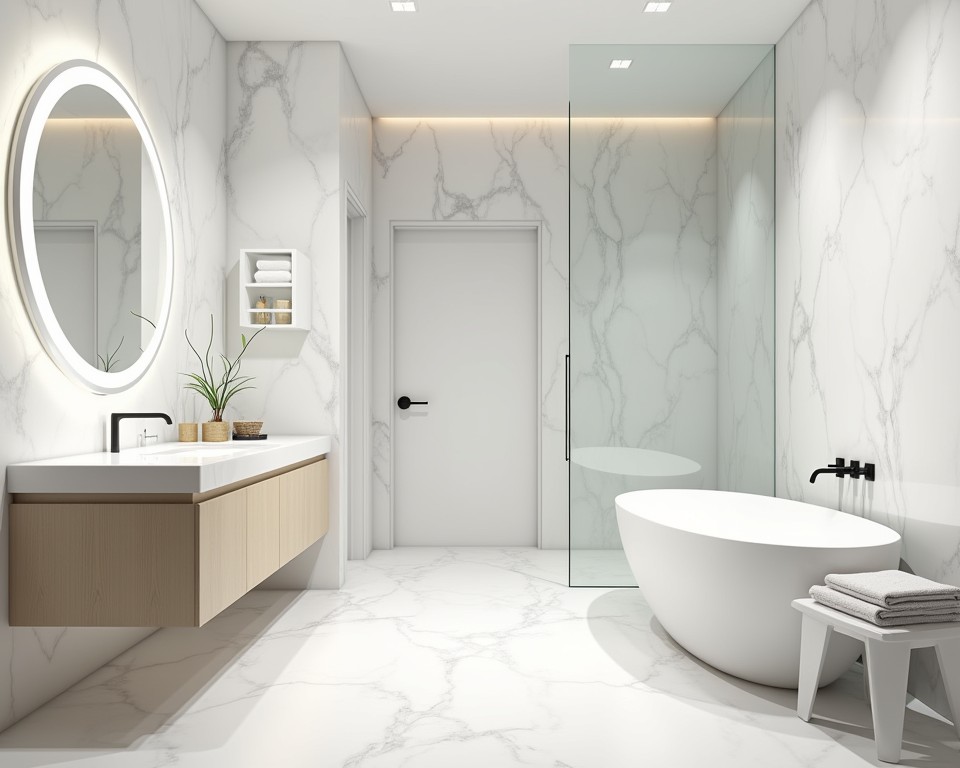 Luxurious white bathroom with sustainable materials like recycled glass and eco-friendly lighting.
