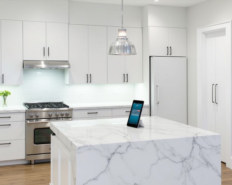 Smart white kitchen with integrated technology and sleek design, representing future trends.