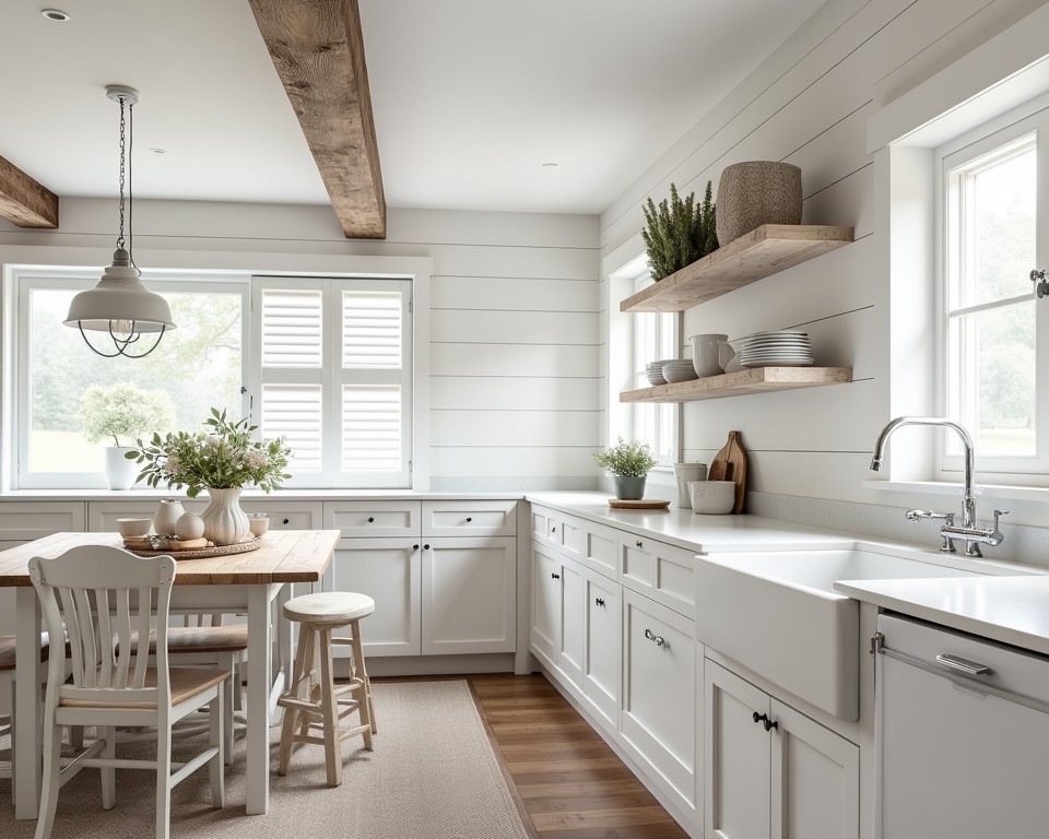 Modern farmhouse white kitchen with shiplap walls and rustic accents, blending charm and functionality.