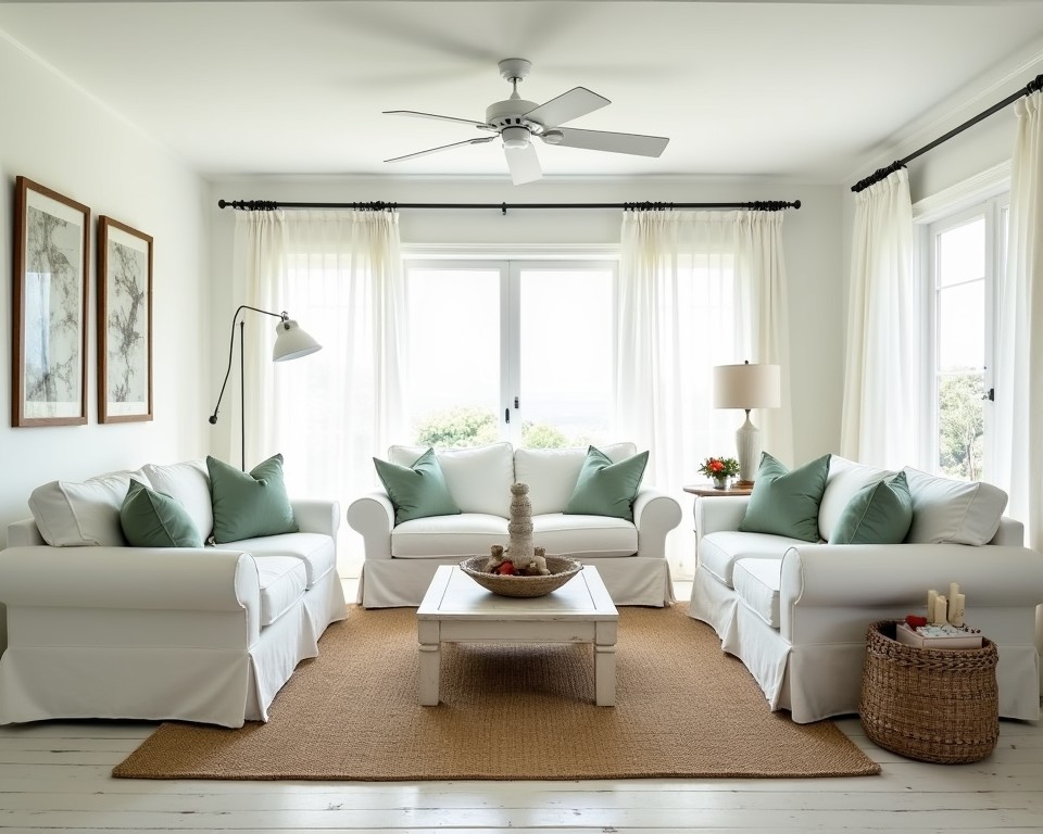 Coastal white living room with slipcovered furniture and driftwood decor, evoking a breezy, beach-inspired feel.