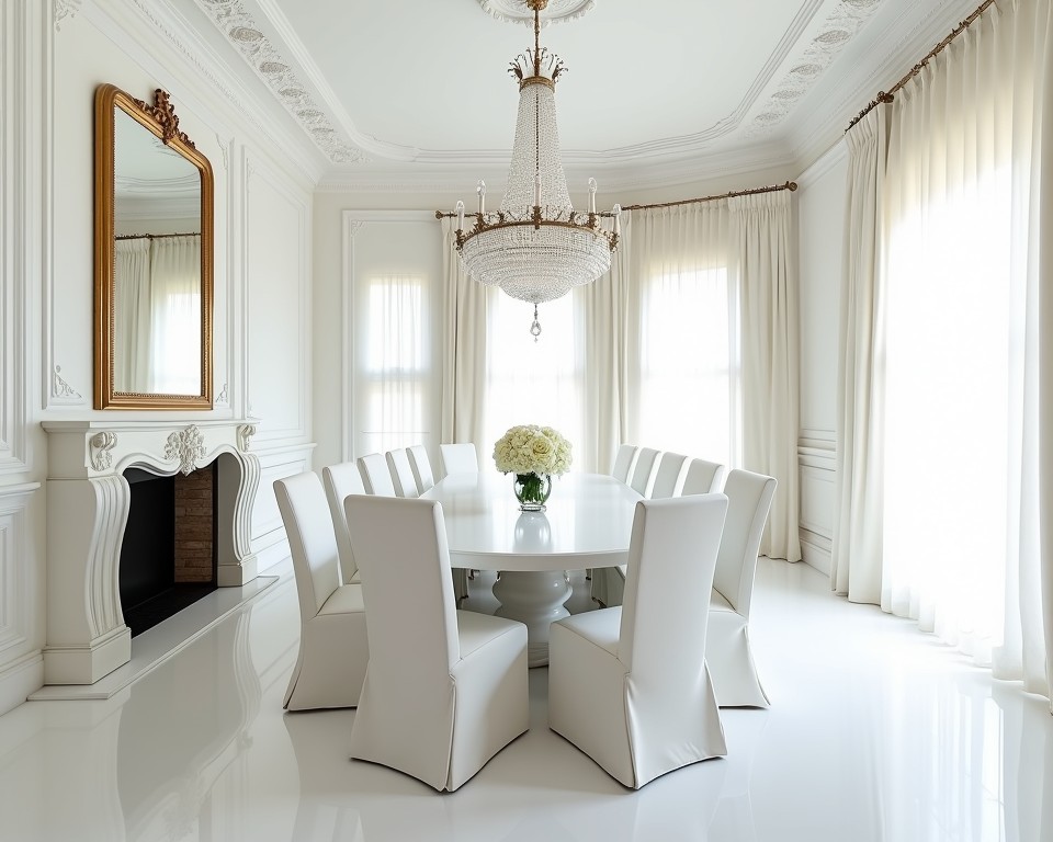 Classic elegant white dining room with a chandelier and marble fireplace, showcasing luxury and timeless style.