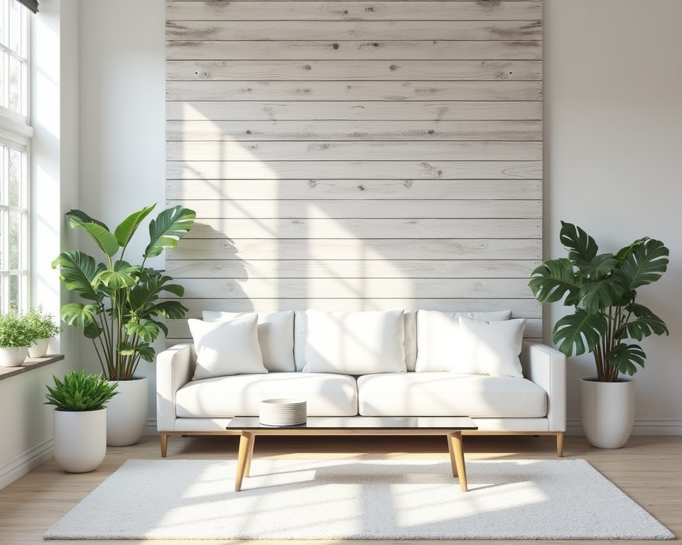 Modern white living room with a reclaimed wood accent wall, showcasing sustainable design.