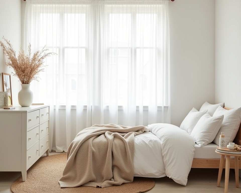 White bedroom with organic textiles and natural decor, emphasizing eco-friendly comfort.