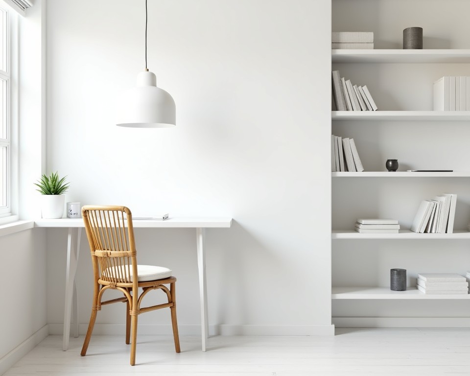 Minimalist white home office with low-VOC paint and bamboo furniture, promoting a healthy environment.