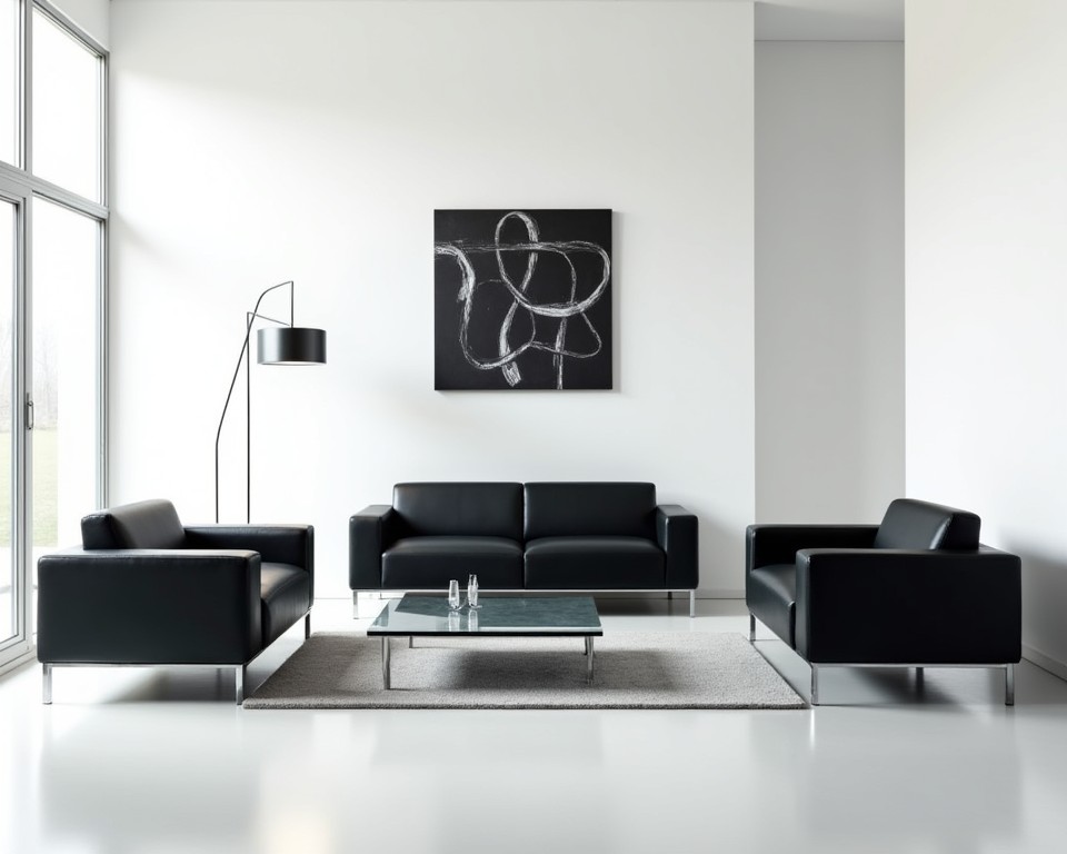 Modern minimalist living room with black leather furniture, white walls, and chrome accent
