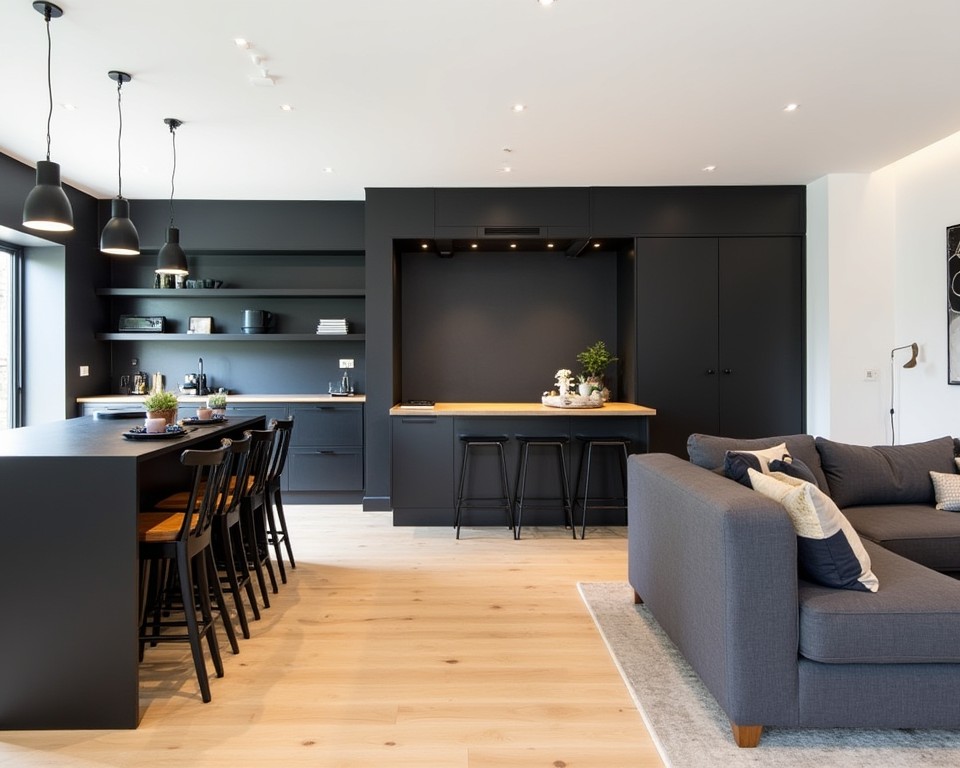 Open-plan home with black island, dining table, and feature wall