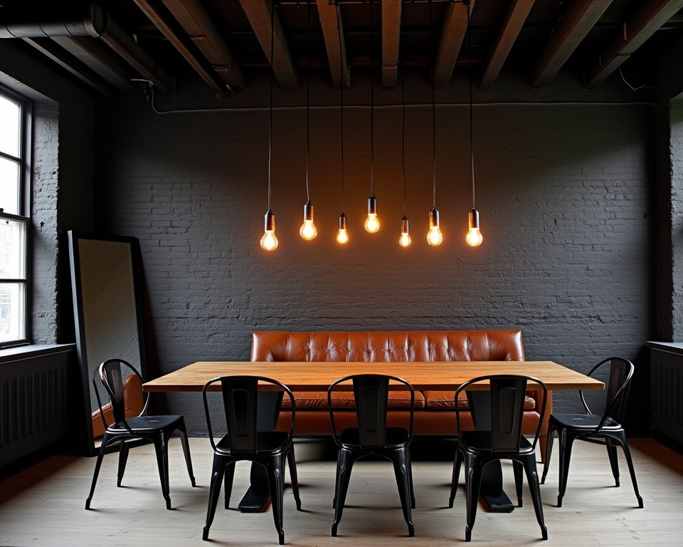 Industrial chic dining area with black brick walls, vintage leather, and Edison bulb lighting