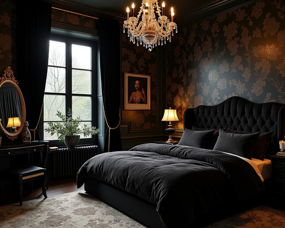 Gothic glam bedroom with black velvet drapes, dark floral wallpaper, and a crystal chandelier