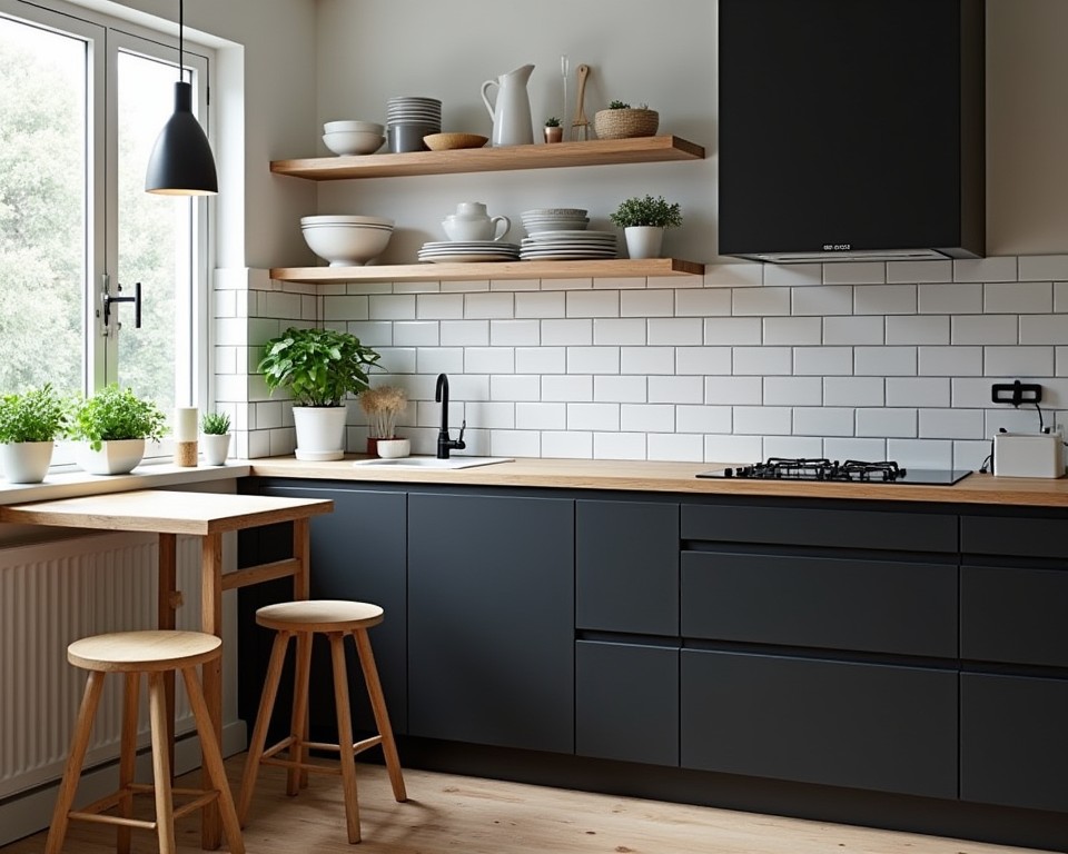 Scandinavian kitchen with black cabinets, light wood countertops, and minimalist decor.