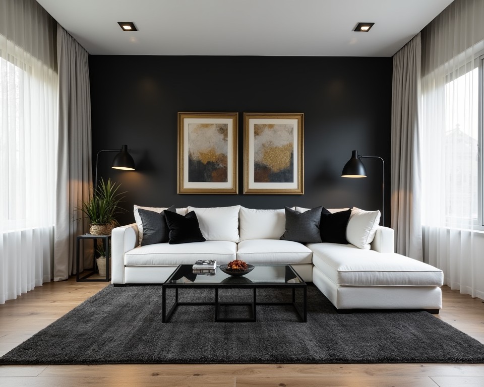 Living room with a black accent wall, white sofa, and gold-framed art