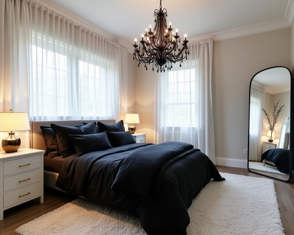 Master bedroom with black bedding, white nightstands, and a black chandelie