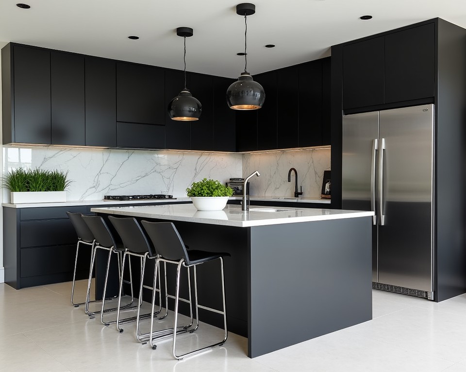 Modern kitchen with black cabinets, white marble island, and black pendant lights.