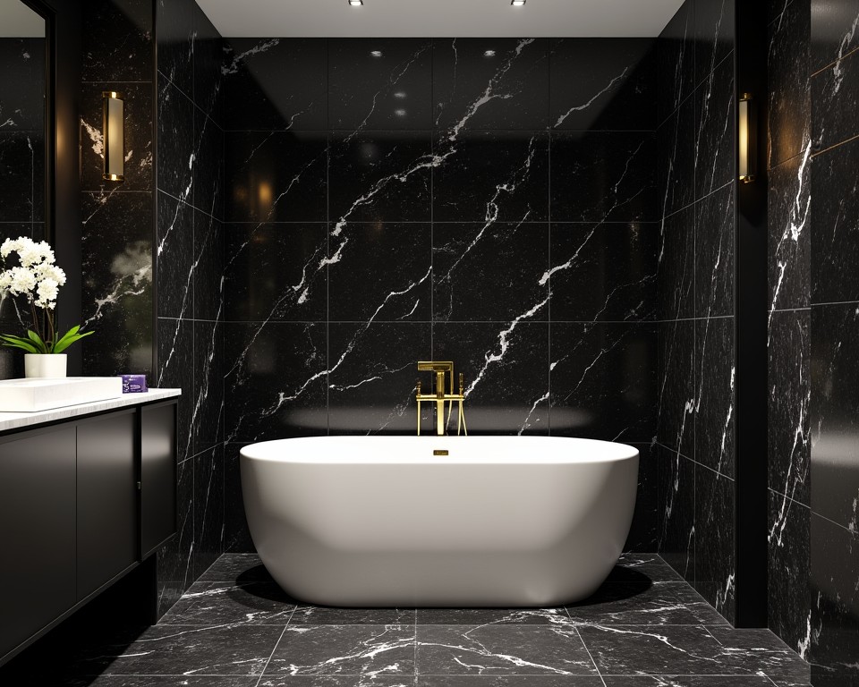 Luxurious bathroom with black marble tiles, white bathtub, and brass fixtures