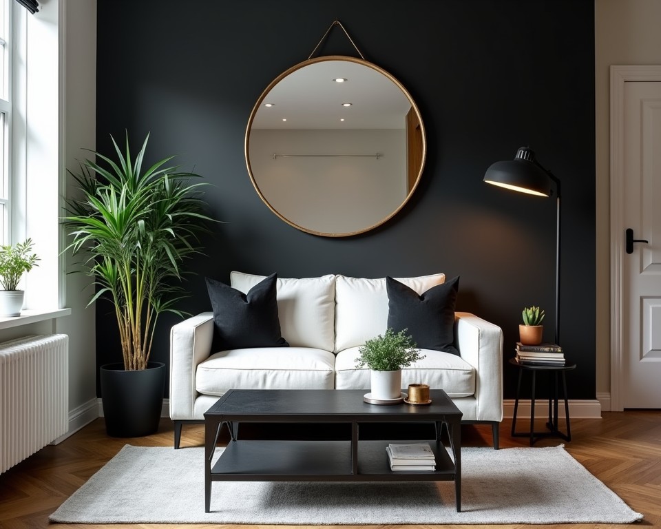Cozy studio with black accent wall, gold mirror, and minimalist black furniture