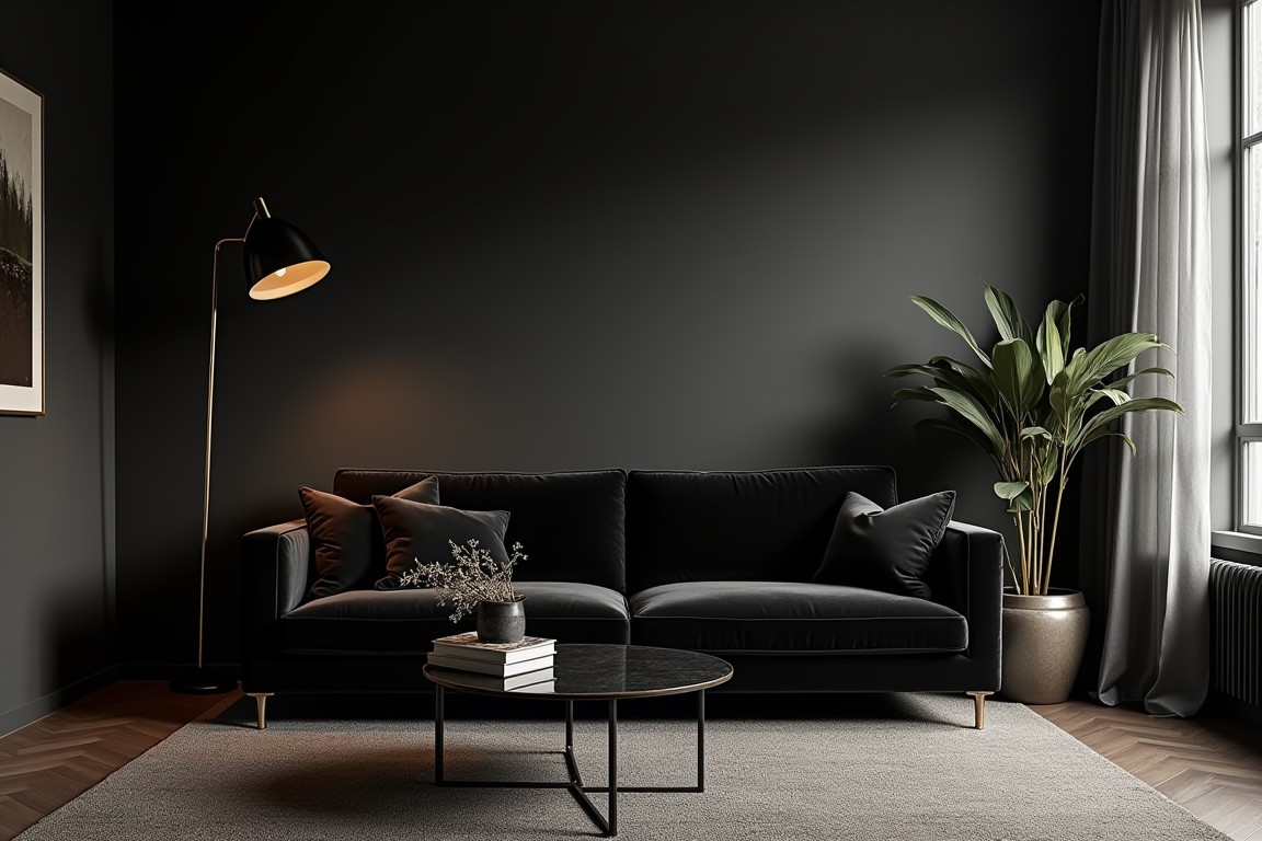 Elegant black living room with velvet sofa, gold accents, and warm natural light