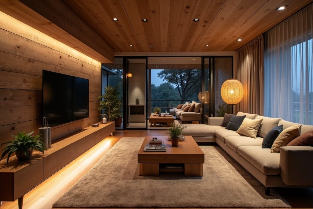 A living room with reclaimed wood furniture and LED lights