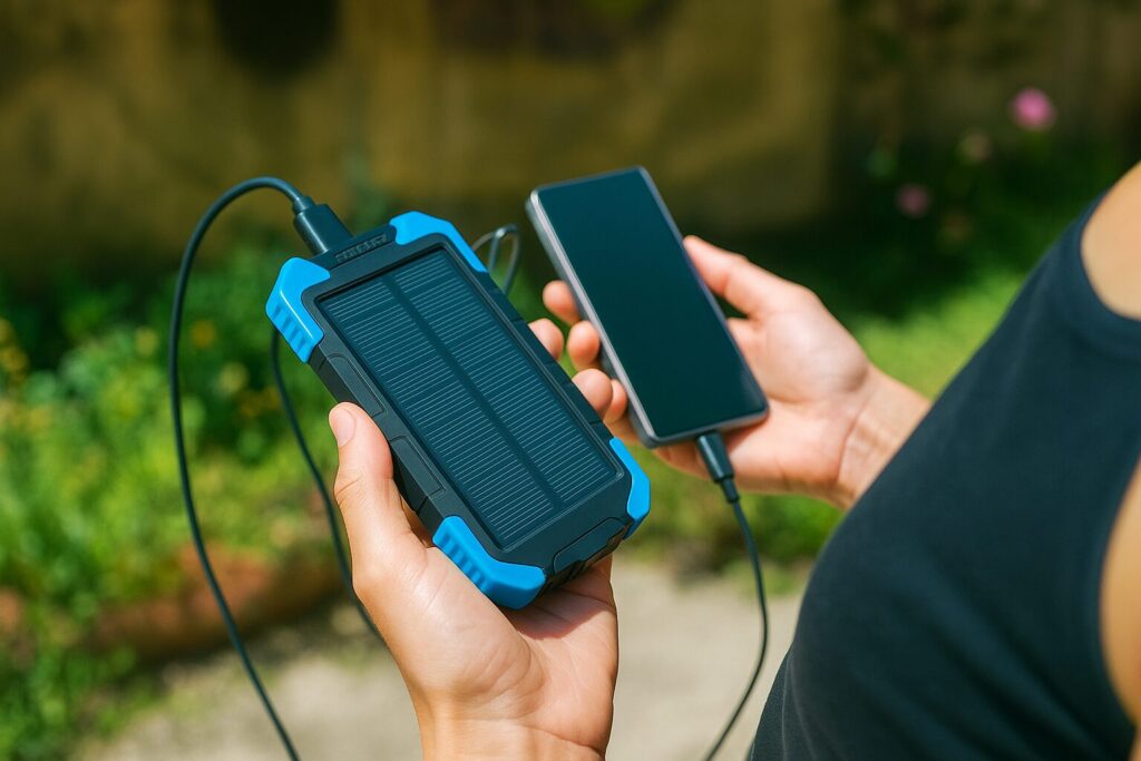 A person holding a solar powered charger and a phone