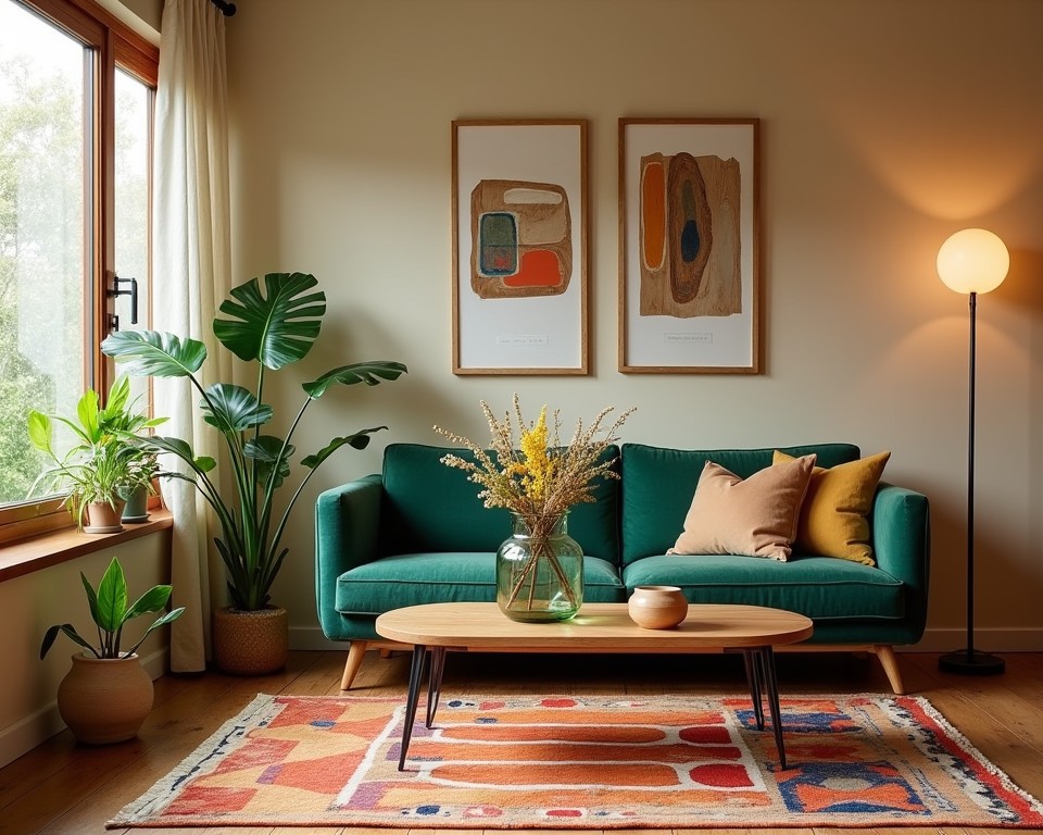 sustainable living room with reclaimed oak coffee table, organic cotton sofa, thrifted rug, upcycled art, LED lighting, and air-purifying plants