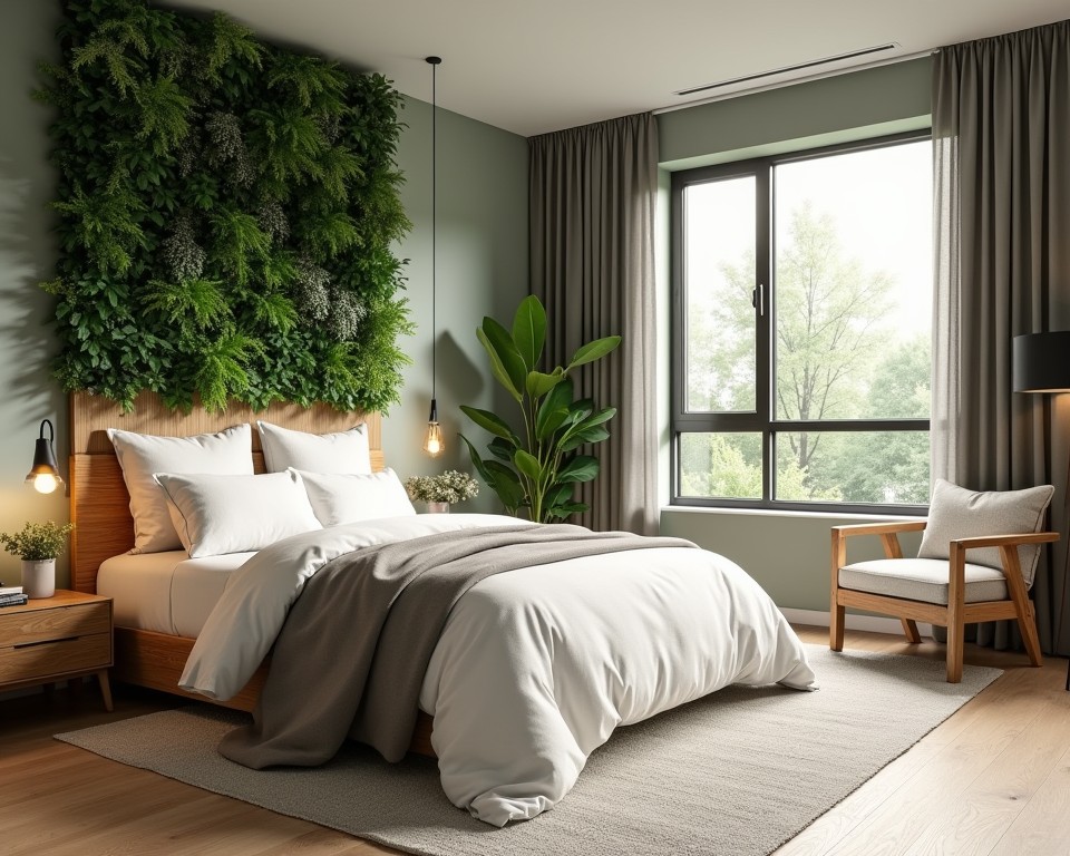 eco-friendly bedroom with bamboo headboard, organic bedding, zero-VOC paint, living plant wall, and reclaimed wood furniture