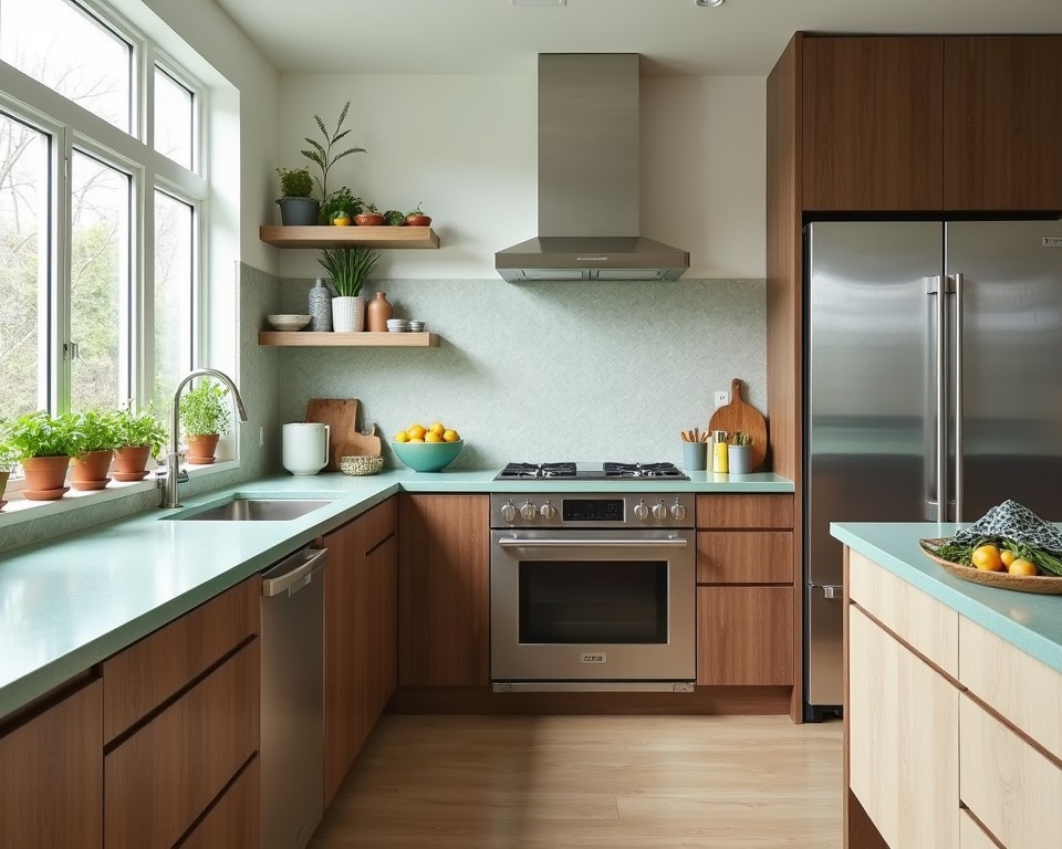 2025 eco-friendly kitchen with energy-efficient appliances, recycled glass countertops, FSC-certified walnut cabinets, herb garden, and reclaimed tile backsplash