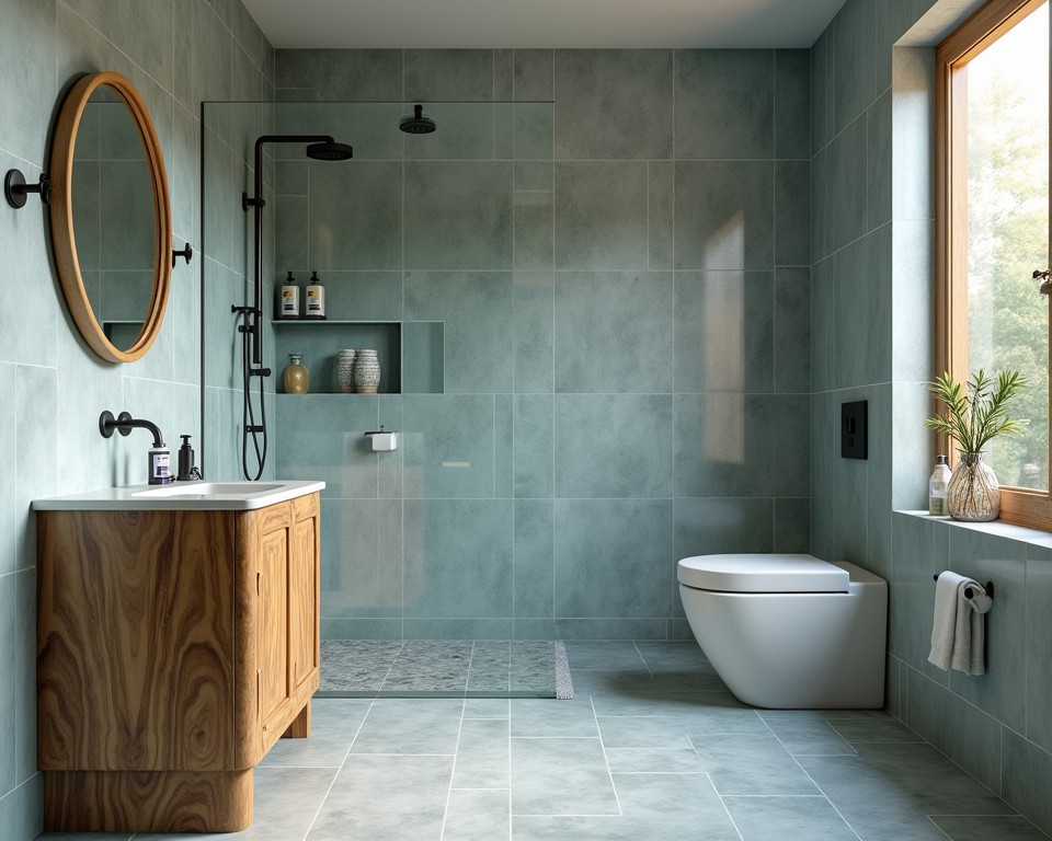 sustainable bathroom with low-flow shower, recycled ceramic tiles, reclaimed teak vanity, bamboo mirror, and biodegradable toiletries
