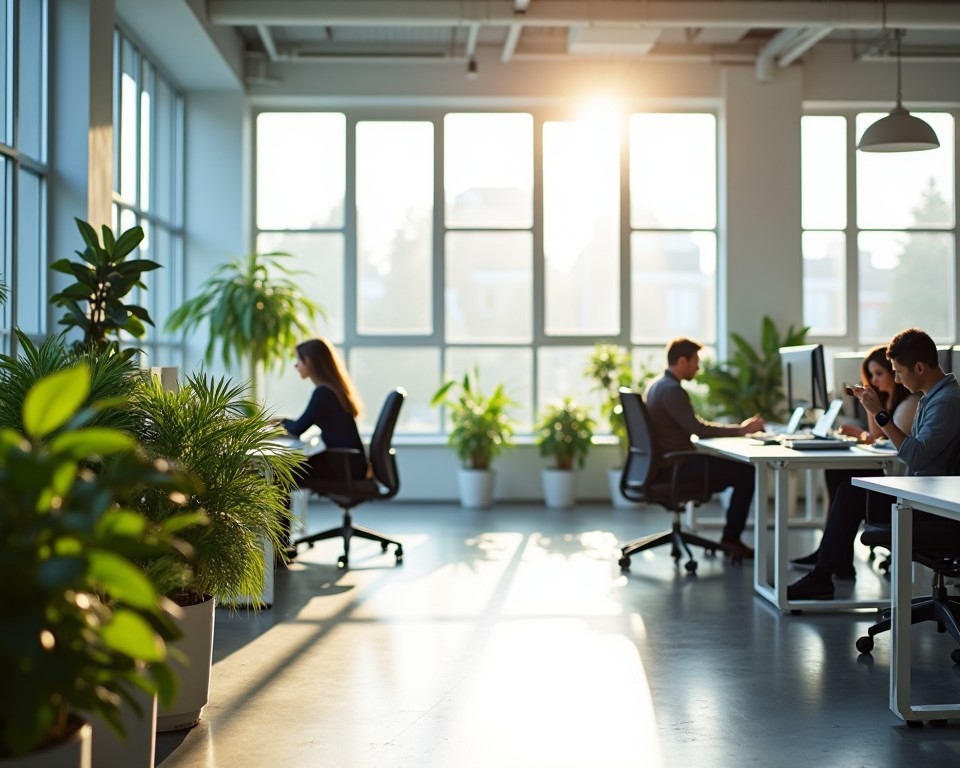 Bright, open office space with large windows, natural light, and greenery.