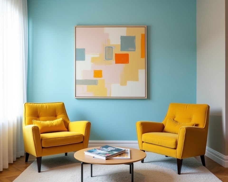 Office lounge with calming blue walls and energizing yellow accents, fostering creativity.