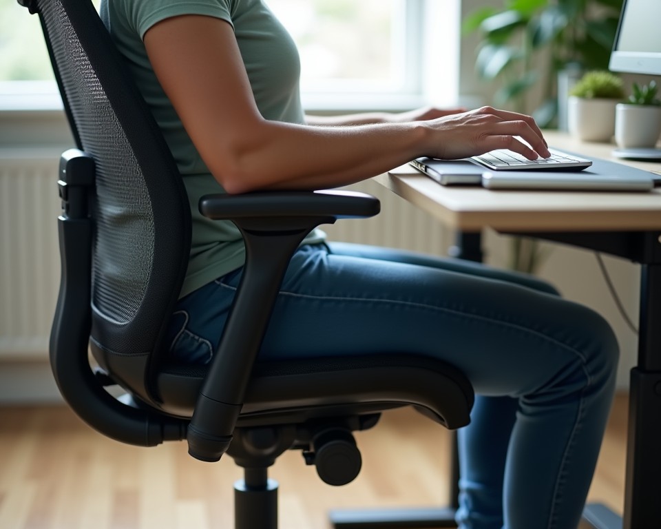 Ergonomic office setup with adjustable chair and standing desk, ensuring comfort and proper posture.