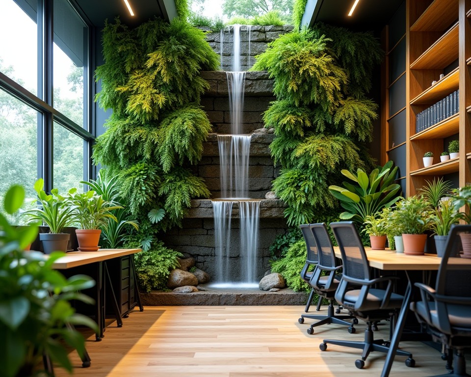 Biophilic office with living wall, indoor waterfall, and views of nature, promoting well-being.
